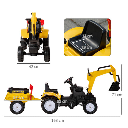 Ride-On Pedal Digger Construction Car with Horn & Detachable Trailer - Yellow