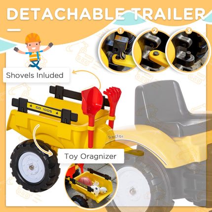 Ride-On Pedal Digger Construction Car with Horn & Detachable Trailer - Yellow
