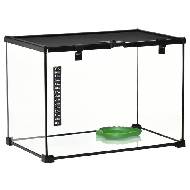 50 x 30 x 35 cm Reptile Glass Terrarium with Thermometer and Climbing Features - Black