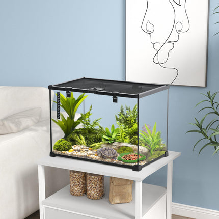 50 x 30 x 35 cm Reptile Glass Terrarium with Thermometer and Climbing Features - Black