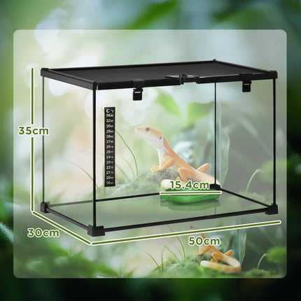 50 x 30 x 35 cm Reptile Glass Terrarium with Thermometer and Climbing Features - Black