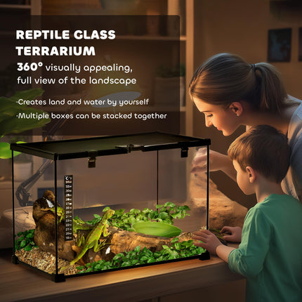 50 x 30 x 35 cm Reptile Glass Terrarium with Thermometer and Climbing Features - Black