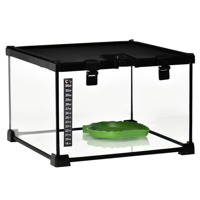 30 x 30 x 20 cm Reptile Glass Terrarium with Thermometer and Feeding Port - Black