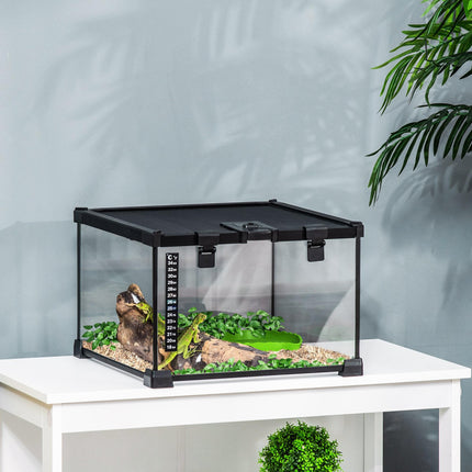 30 x 30 x 20 cm Reptile Glass Terrarium with Thermometer and Feeding Port - Black