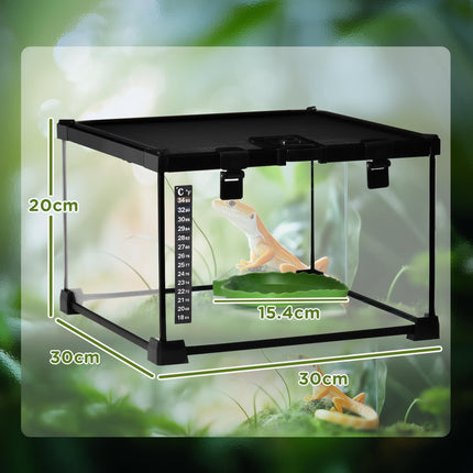 30 x 30 x 20 cm Reptile Glass Terrarium with Thermometer and Feeding Port - Black