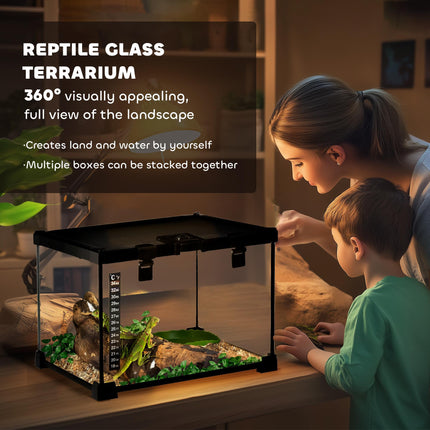 30 x 30 x 20 cm Reptile Glass Terrarium with Thermometer and Feeding Port - Black