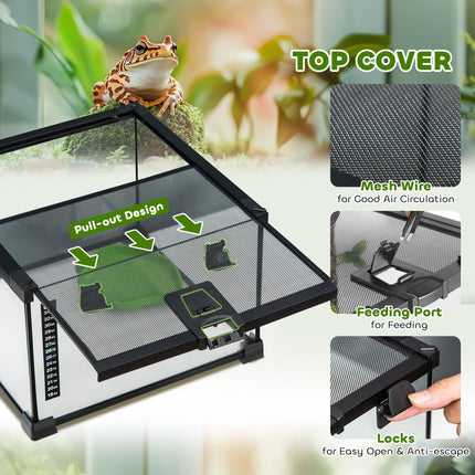 30 x 30 x 20 cm Reptile Glass Terrarium with Thermometer and Feeding Port - Black
