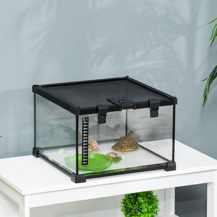 30 x 30 x 20 cm Reptile Glass Terrarium with Thermometer and Feeding Port - Black