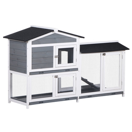 Wooden 2-Tier Rabbit Hutch with Tray and Ramp - Grey