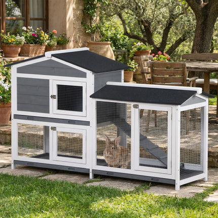 Wooden 2-Tier Rabbit Hutch with Tray and Ramp - Grey