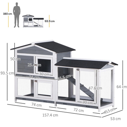 Wooden 2-Tier Rabbit Hutch with Tray and Ramp - Grey
