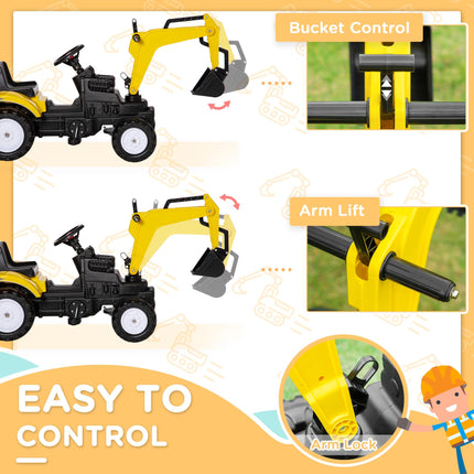 Ride-on Pedal Digger Construction Toy with Horn for Kids & Toddlers - Yellow