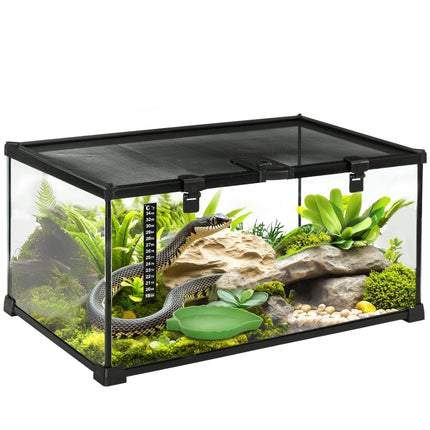 50 x 30 x 25 cm Reptile Glass Terrarium with Thermometer and Feeding Port - Black