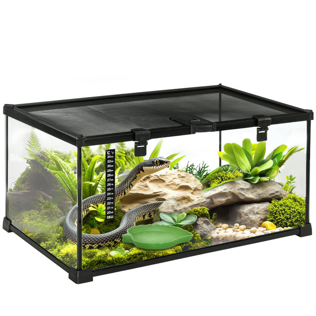 50 x 30 x 25 cm Reptile Glass Terrarium with Thermometer and Feeding Port - Black