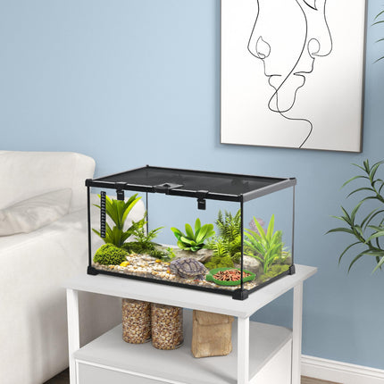 50 x 30 x 25 cm Reptile Glass Terrarium with Thermometer and Feeding Port - Black