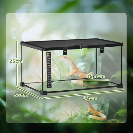 50 x 30 x 25 cm Reptile Glass Terrarium with Thermometer and Feeding Port - Black