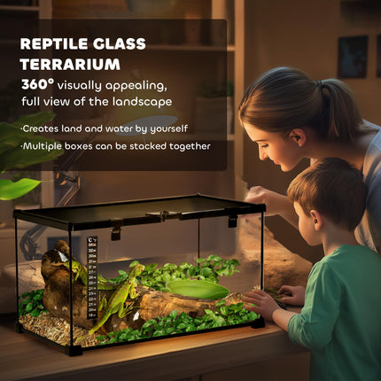 50 x 30 x 25 cm Reptile Glass Terrarium with Thermometer and Feeding Port - Black