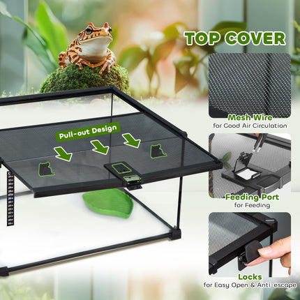 50 x 30 x 25 cm Reptile Glass Terrarium with Thermometer and Feeding Port - Black