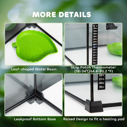 50 x 30 x 25 cm Reptile Glass Terrarium with Thermometer and Feeding Port - Black