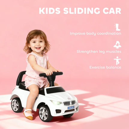 Ride On Sliding Car Toddler Walker with Horn, Music, Lights & Storage - White