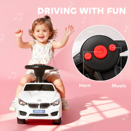 Ride On Sliding Car Toddler Walker with Horn, Music, Lights & Storage - White