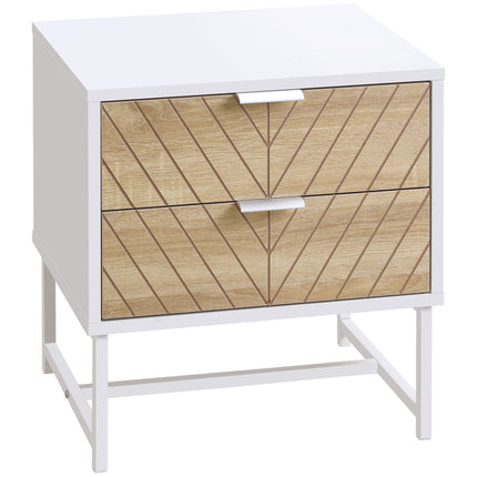 Modern Bedside Table with 2 Drawers and Metal Frame - White & Oak