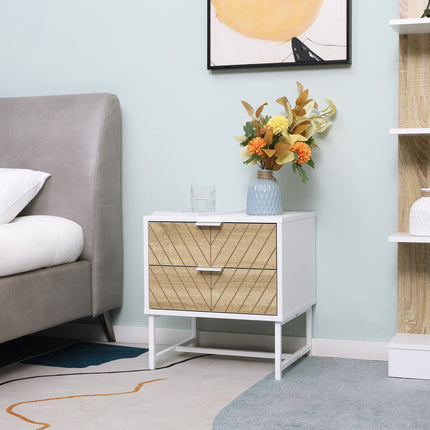 Modern Bedside Table with 2 Drawers and Metal Frame - White & Oak