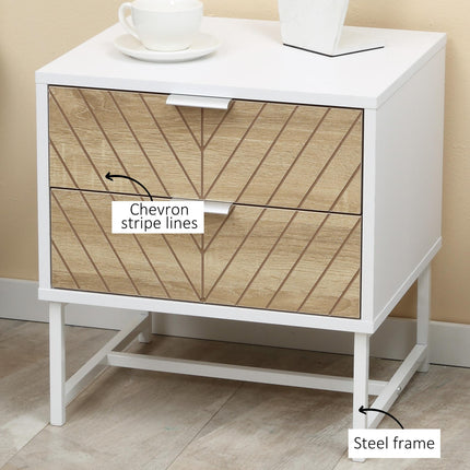 Modern Bedside Table with 2 Drawers and Metal Frame - White & Oak