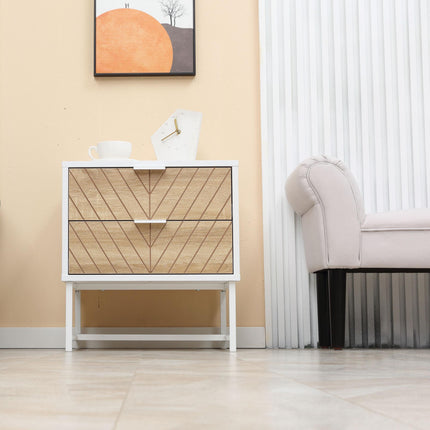 Modern Bedside Table with 2 Drawers and Metal Frame - White & Oak