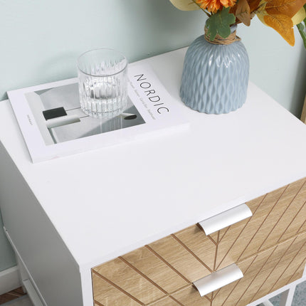 Modern Bedside Table with 2 Drawers and Metal Frame - White & Oak
