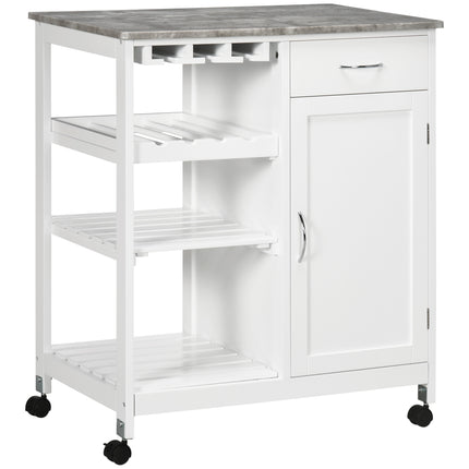 Compact Kitchen Trolley Utility Cart with Wine Rack, Drawer, Shelf & Cabinet - White