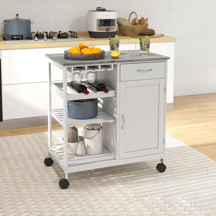 Compact Kitchen Trolley Utility Cart with Wine Rack, Drawer, Shelf & Cabinet - White