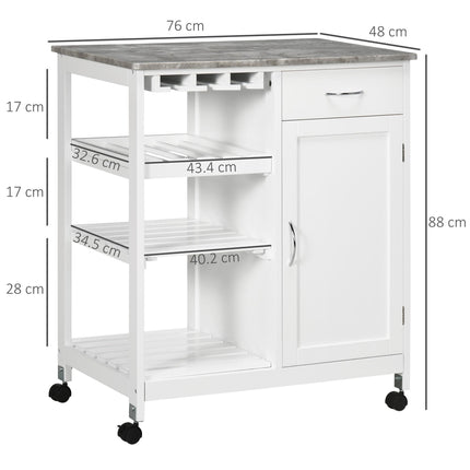 Compact Kitchen Trolley Utility Cart with Wine Rack, Drawer, Shelf & Cabinet - White