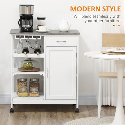 Compact Kitchen Trolley Utility Cart with Wine Rack, Drawer, Shelf & Cabinet - White
