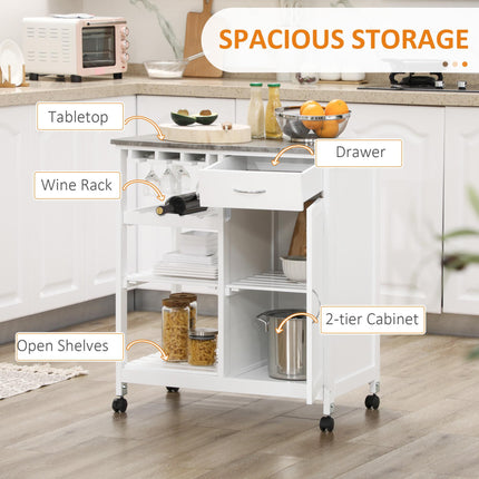 Compact Kitchen Trolley Utility Cart with Wine Rack, Drawer, Shelf & Cabinet - White