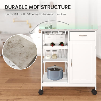 Compact Kitchen Trolley Utility Cart with Wine Rack, Drawer, Shelf & Cabinet - White
