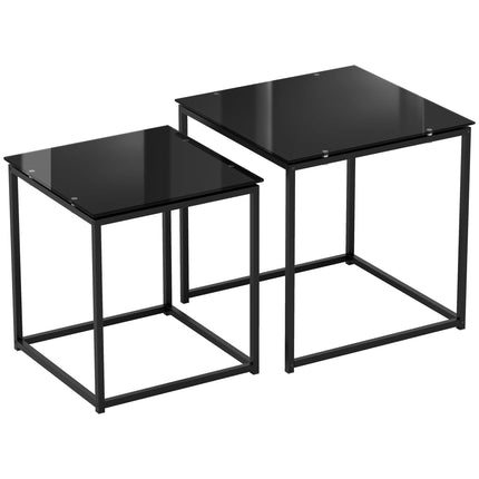 Set of 2 Modern Nesting Side Tables with Tempered Glass Tops - Black