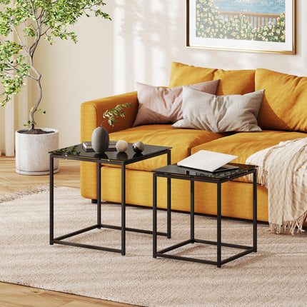 Set of 2 Modern Nesting Side Tables with Tempered Glass Tops - Black