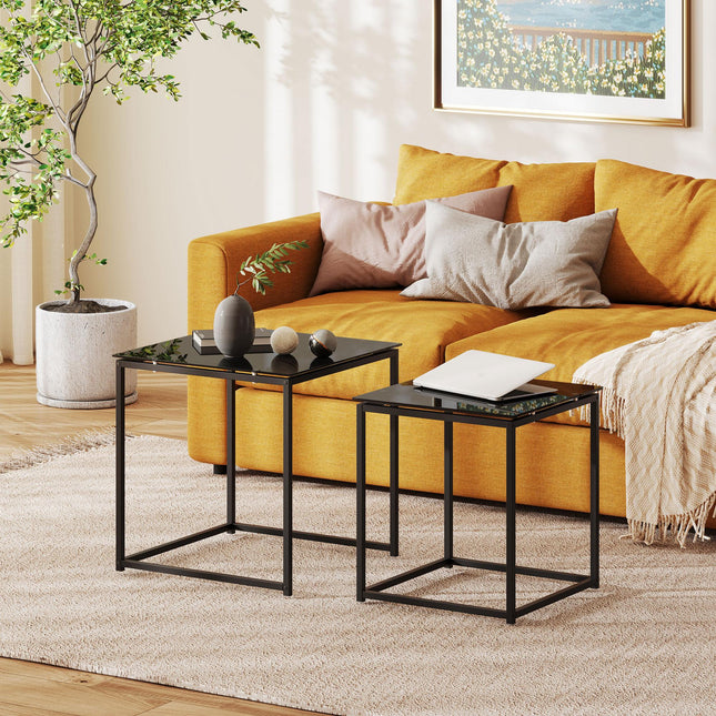Set of 2 Modern Nesting Side Tables with Tempered Glass Tops - Black