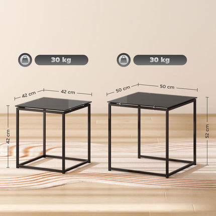 Set of 2 Modern Nesting Side Tables with Tempered Glass Tops - Black