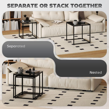 Set of 2 Modern Nesting Side Tables with Tempered Glass Tops - Black