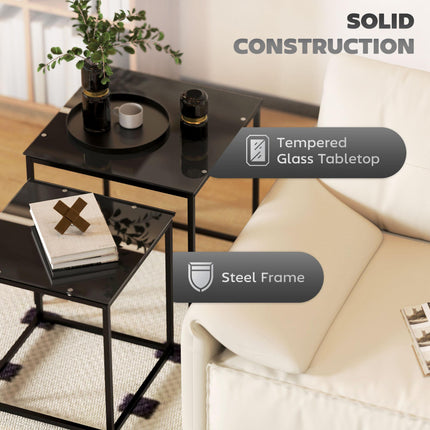 Set of 2 Modern Nesting Side Tables with Tempered Glass Tops - Black