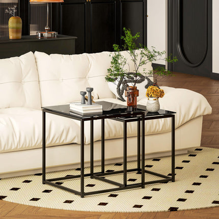 Set of 2 Modern Nesting Side Tables with Tempered Glass Tops - Black
