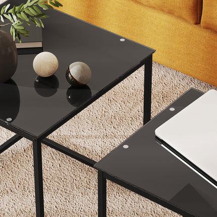 Set of 2 Modern Nesting Side Tables with Tempered Glass Tops - Black