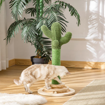 Cactus-Shaped Cat Tree Tower with Sisal Scratching Post & Hanging Ball 32x32x60cm - Green
