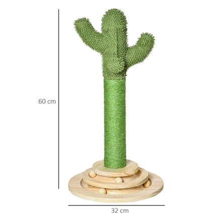 Cactus-Shaped Cat Tree Tower with Sisal Scratching Post & Hanging Ball 32x32x60cm - Green