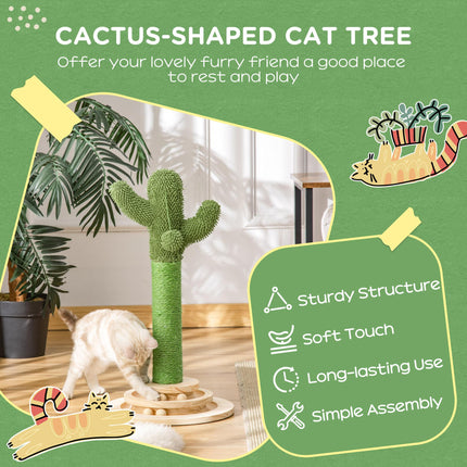 Cactus-Shaped Cat Tree Tower with Sisal Scratching Post & Hanging Ball 32x32x60cm - Green