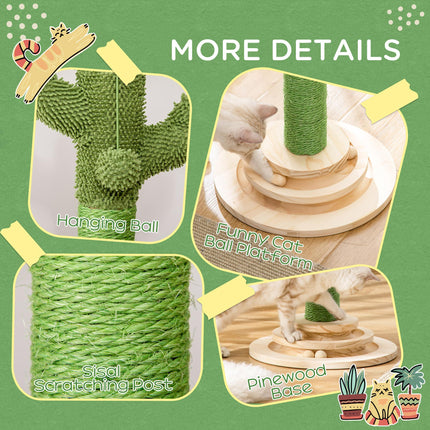 Cactus-Shaped Cat Tree Tower with Sisal Scratching Post & Hanging Ball 32x32x60cm - Green