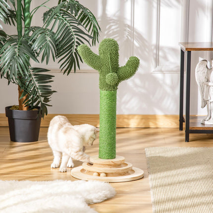 Cactus-Shaped Cat Tree Tower with Sisal Scratching Post & Hanging Ball 32x32x60cm - Green