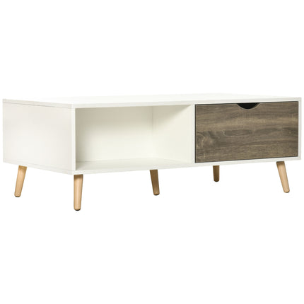 Modern Coffee Table with Open Shelves and Two Drawers, Solid Wood Legs - White